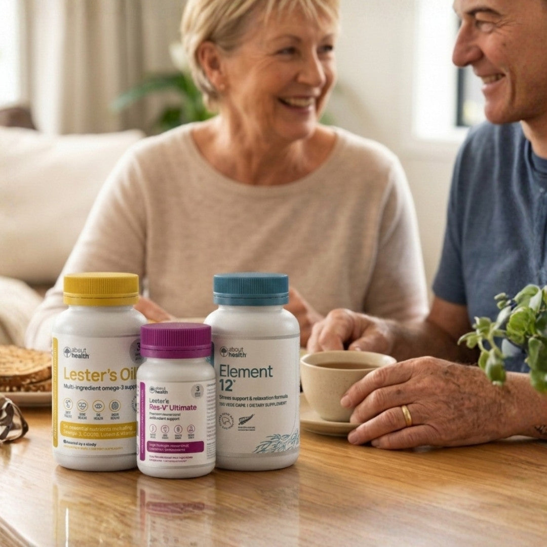 Healthy Ageing and Seep Sleep Combo Supplements on table with couple eating breakfast