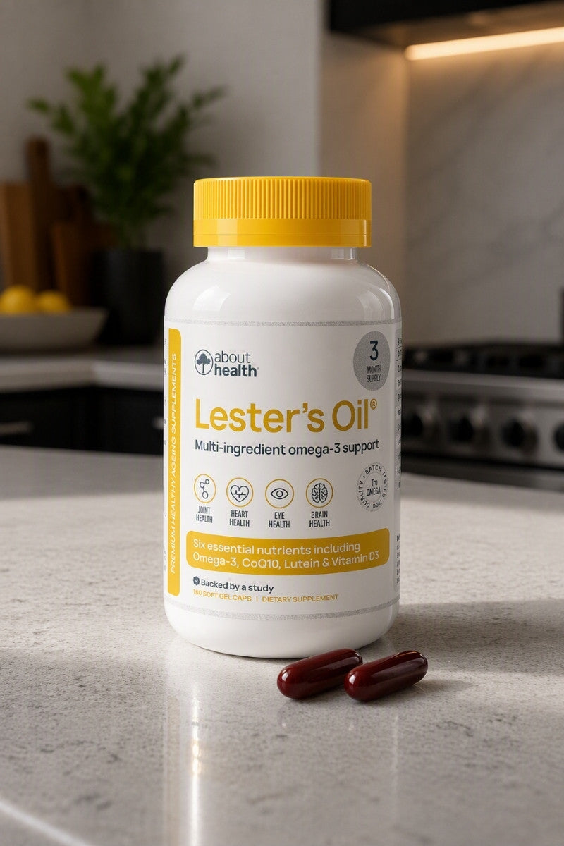 Bottle of Lester's Oil on a kitchen counter with two soft gel capsules