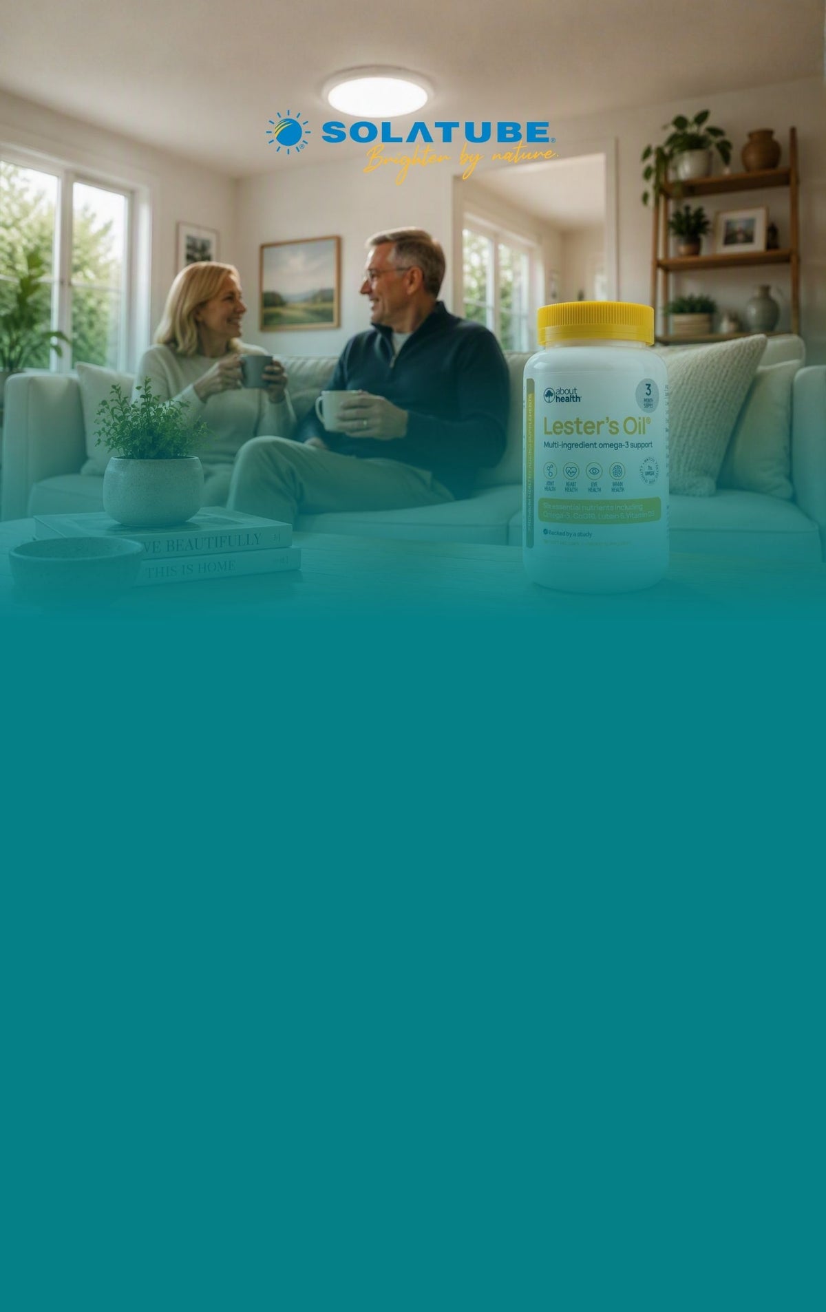 A bottle of Lester's Oil dietary supplement is featured in the foreground against a teal overlay, with a lifestyle background of a couple sitting on a couch in a living room.