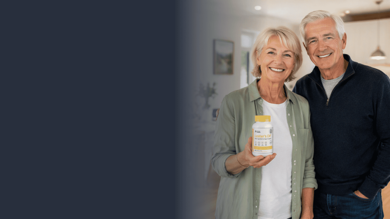 Senior couple standing together, with the woman holding a Lester's Oil supplement bottle.