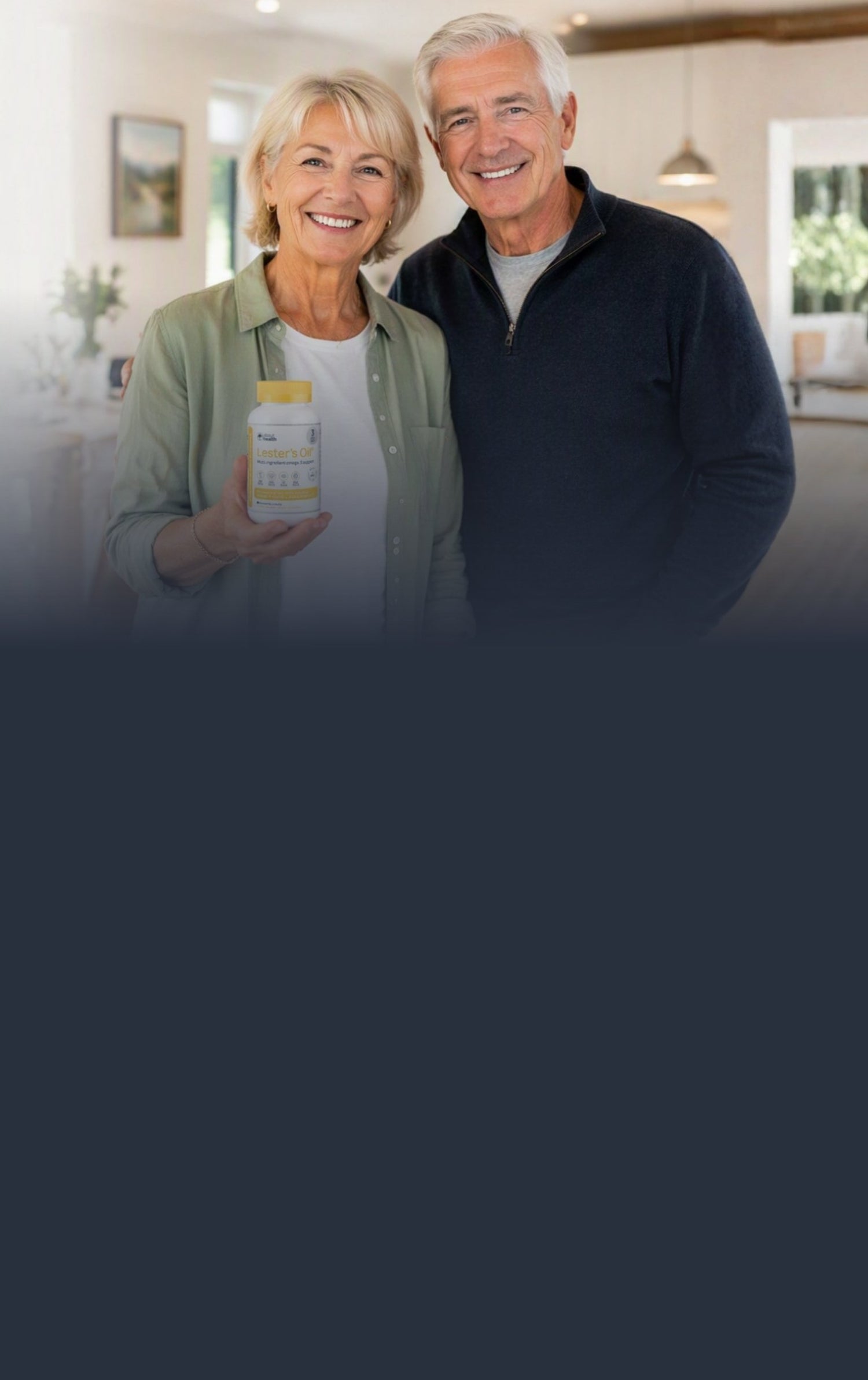 Man and woman holding a Lester's Oil supplement bottle in a kitchen.