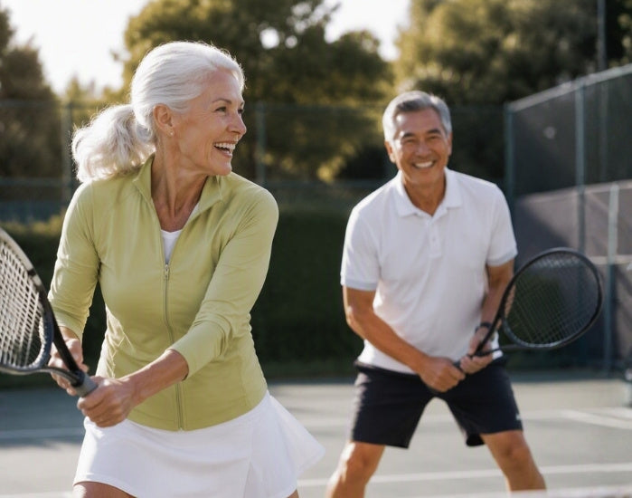 An older woman with white hair wearing a light olive green zip-up jacket and a white tennis skirt is playing on an outdoor tennis court, smiling at an older man wearing a white polo shirt and black shorts.