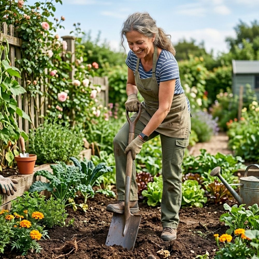 Elderly lady gardening with a large shovel