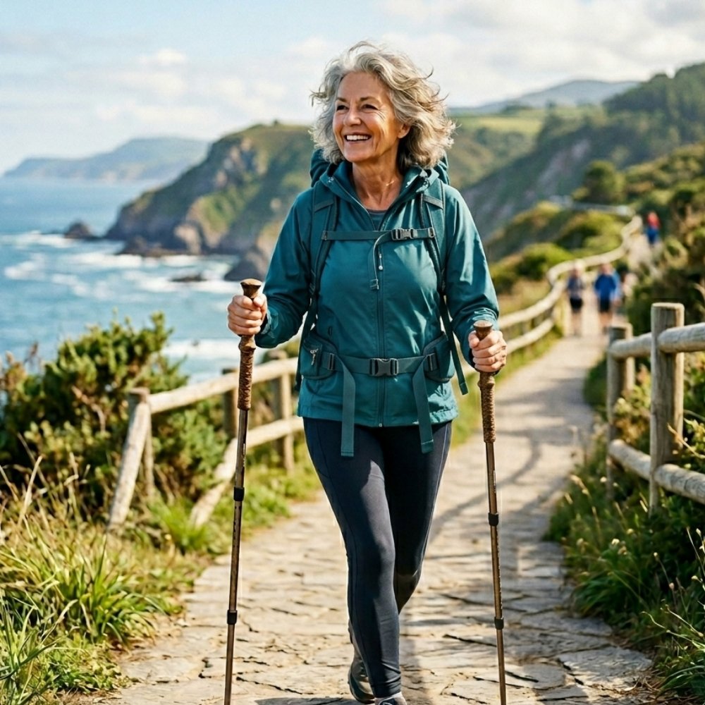 Elderly lady hiking with walking poles in New Zealand