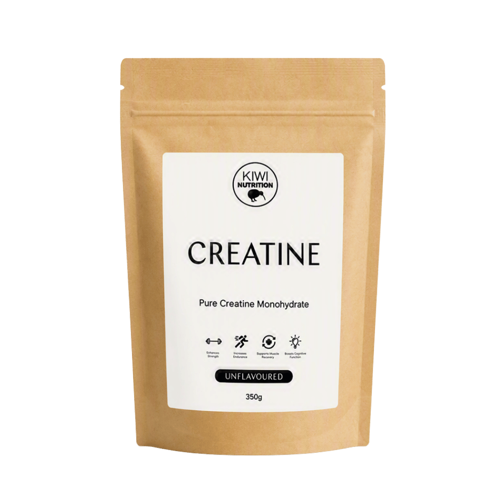 A 350g stand-up pouch of Kiwi Nutrition Creatine (Pure Creatine Monohydrate) in an unflavoured brown kraft paper packaging, shown against a plain white background.