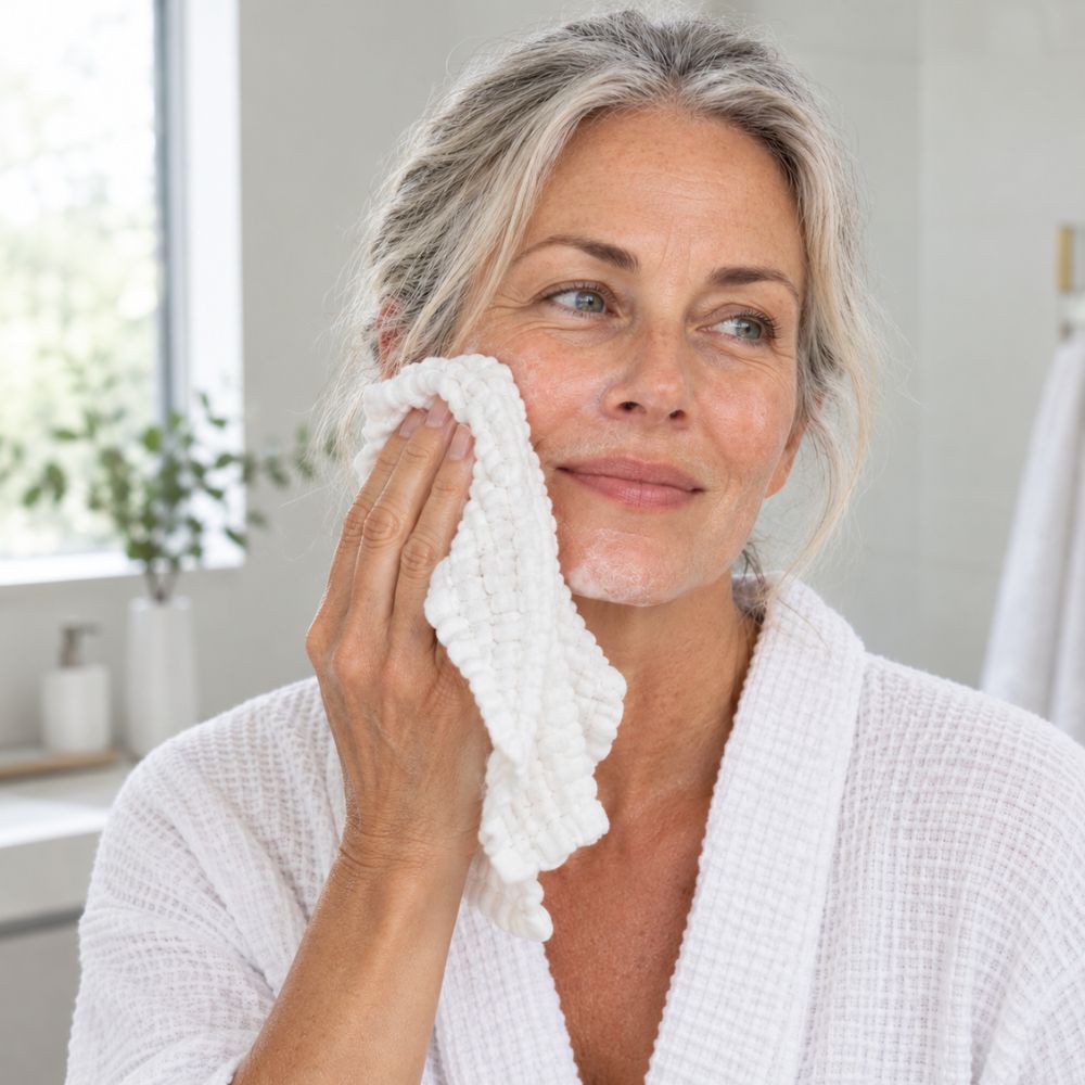 A woman with gray hair wearing a white waffle-knit robe uses a white textured muslin 100% cotton cloth to wipe her face in a bright bathroom setting.