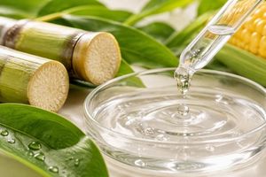 Propanediol being poured from a glass pipette into a glass bowl, surrounded by green leaves and sliced sugarcane.
