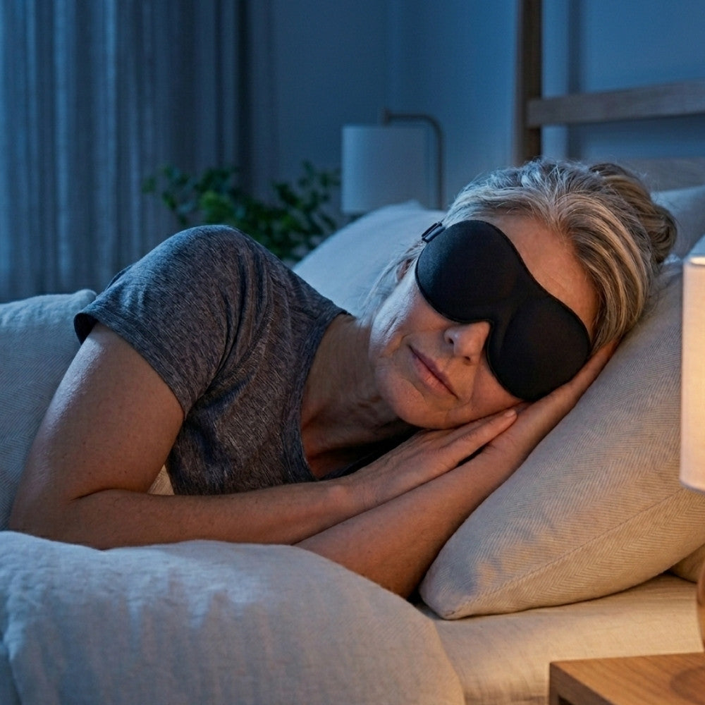 Mature woman lying in bed wearing a blackout sleep eye mask