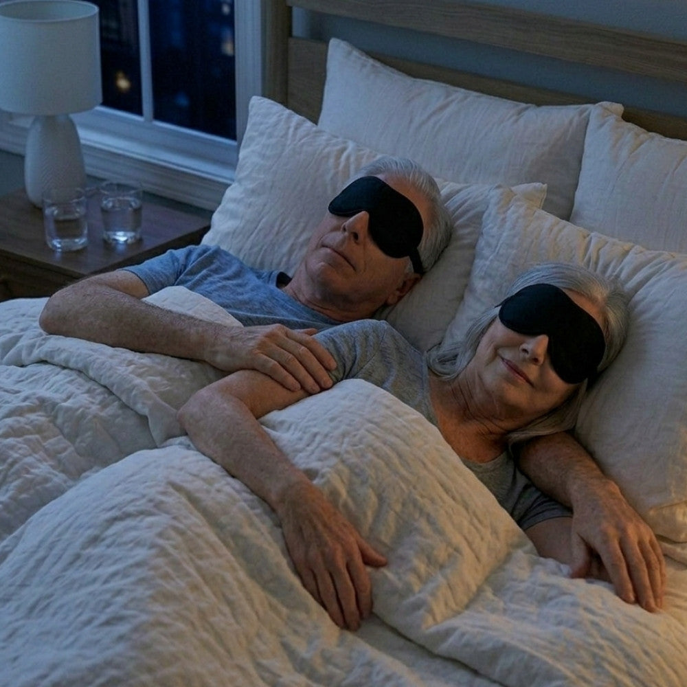 Two people lying in bed with white bedding and black sleep masks.