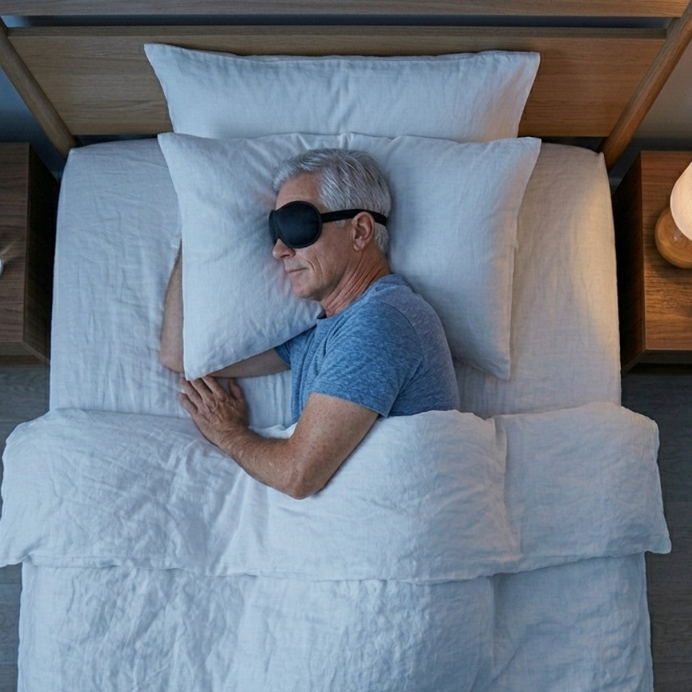 Senior man sleeping with eye mask on his side in bed