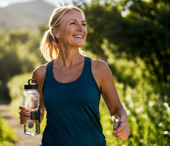 A smiling woman jogging outdoors while holding a clear water bottle, wearing a dark teal athletic tank top in New Zealand.