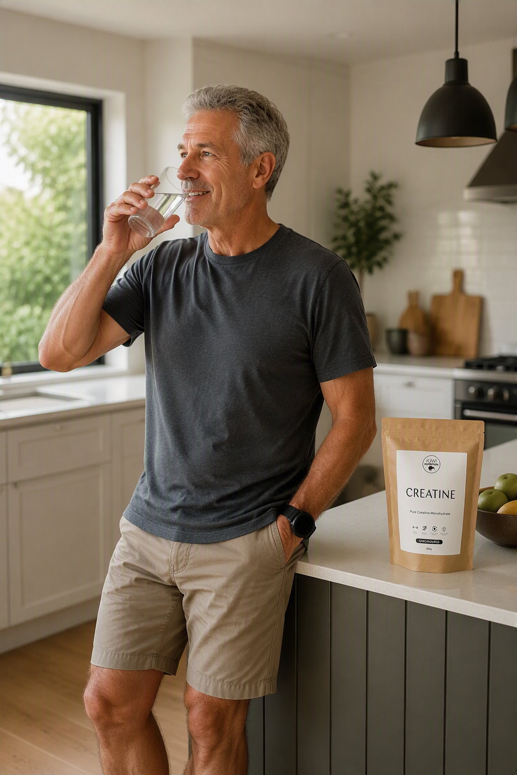 A man in a modern kitchen drinking water, with a kraft paper bag labeled 'CREATINE' standing on the counter next to him.