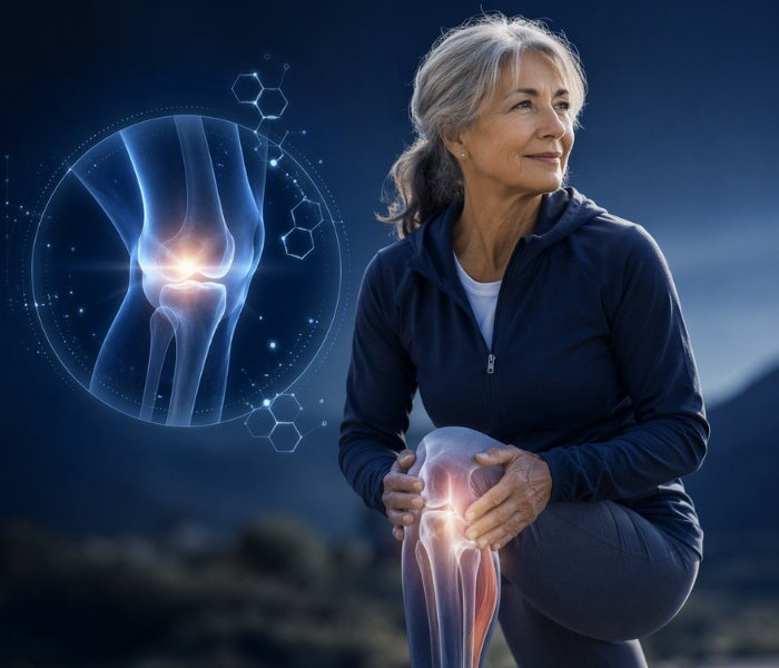 An older woman in a navy zip-up hoodie and gray leggings kneels outdoors holding her knee, with a glowing anatomical knee graphic and molecular illustration overlaid on the left side against a dark blue background.