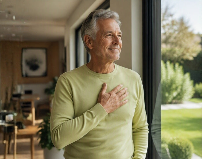 An older man with gray hair stands by a window in a modern home, wearing a light sage green long-sleeve shirt and touching his chest. A green garden is visible outside the window.