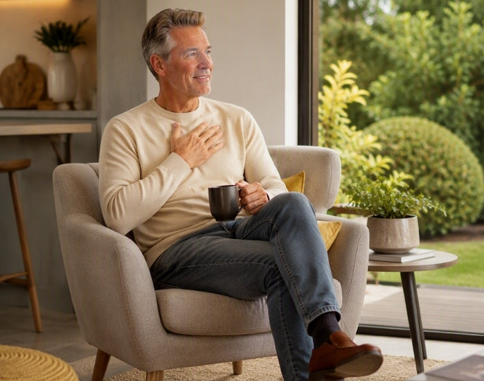 A smiling man sits in a light beige armchair indoors, holding a dark mug. He is wearing a cream long-sleeve shirt, blue jeans, and brown shoes, with a window behind him showing a green garden outside.
