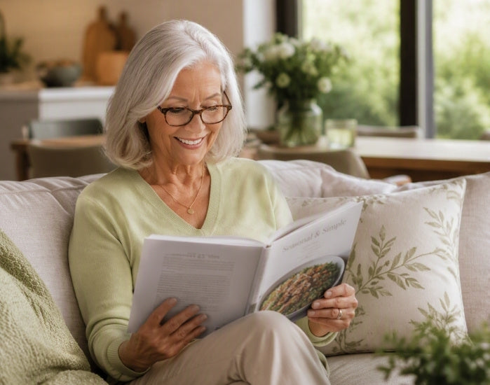 An older woman with gray hair and glasses sits on a beige couch, smiling while reading a cookbook. The scene is set in a bright, modern living room with a window, plants, and decorative pillows.