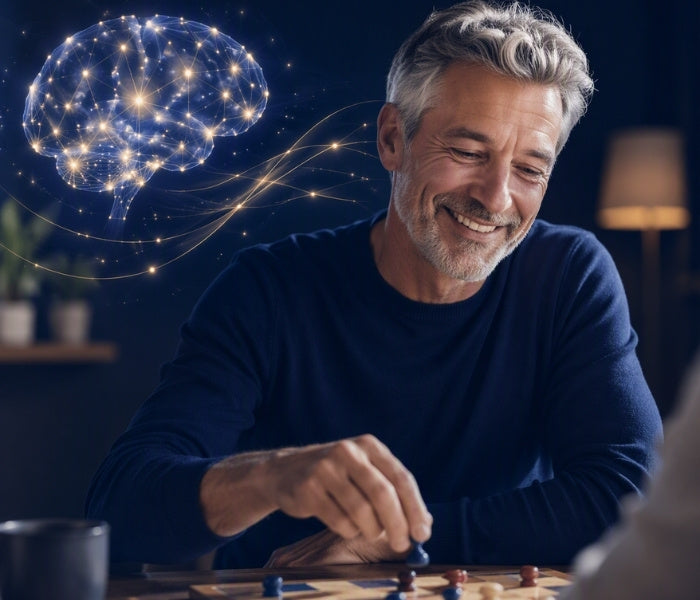 A smiling older man in a navy long-sleeve shirt is seated at a table, reaching for a chess piece. A glowing blue brain graphic with light trails appears in the upper left against a dark indoor background with a lamp.