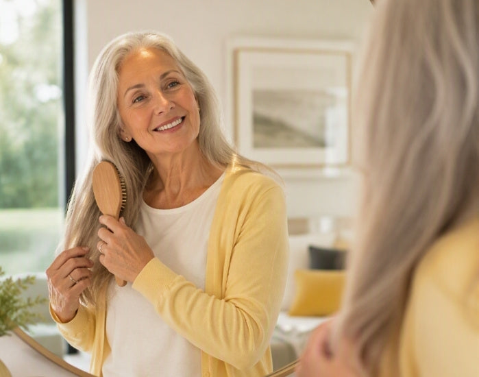 A smiling older woman with long gray hair stands in front of a mirror, holding a wooden hairbrush. She wears a white top and a pale yellow cardigan in a bright indoor room.