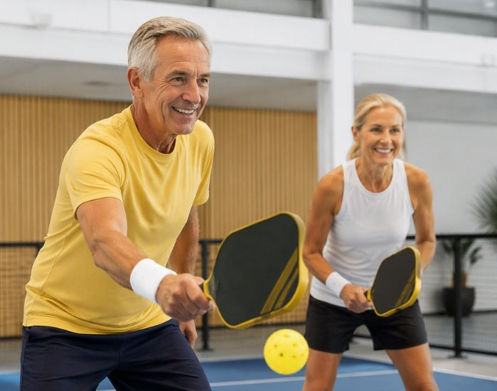 An active senior man in a yellow t-shirt and a smiling senior woman in a white tank top play pickleball on an indoor court, each holding a paddle with a yellow ball in the foreground.