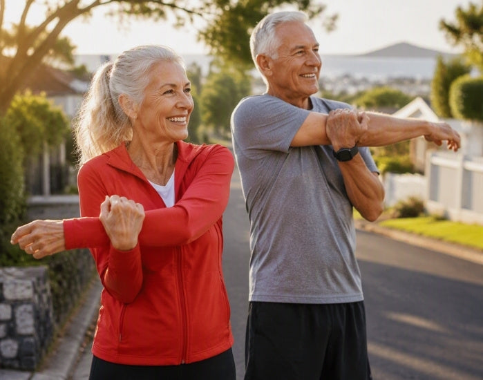 An older woman in a red zip-up athletic jacket and an older man in a gray t-shirt stretch side-by-side on a sunny residential street.