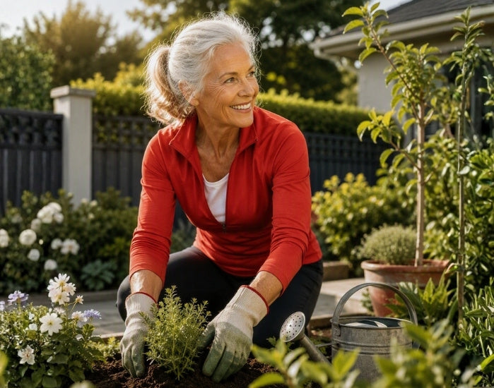 An older woman with gray hair tied back kneels in a sunny garden, smiling while planting a small green shrub. She wears a red long-sleeve top, black pants, gardening gloves, and a watering can is visible nearby.