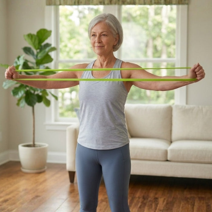 Woman pulling apart resistance band 