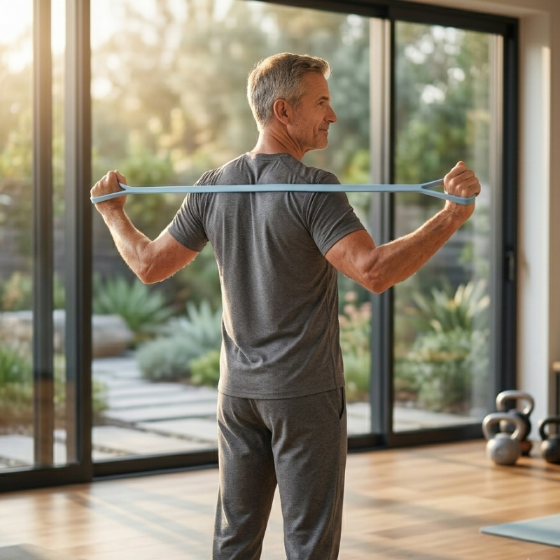 Using the resistance band with handles for a back stretch