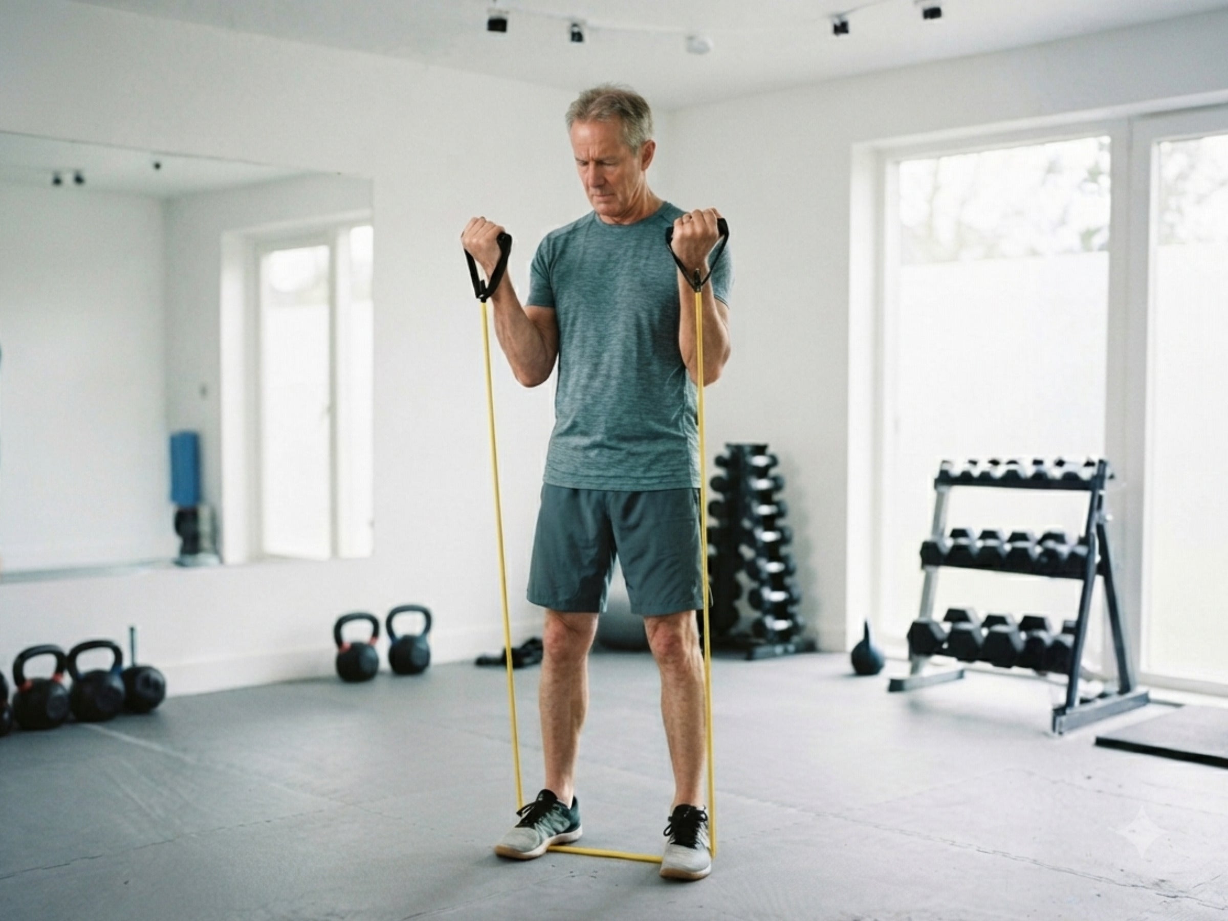 Man doing a bicep curl with the strength tube band