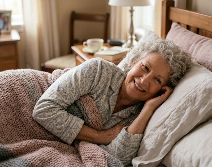Senior woman lying in bed happy 