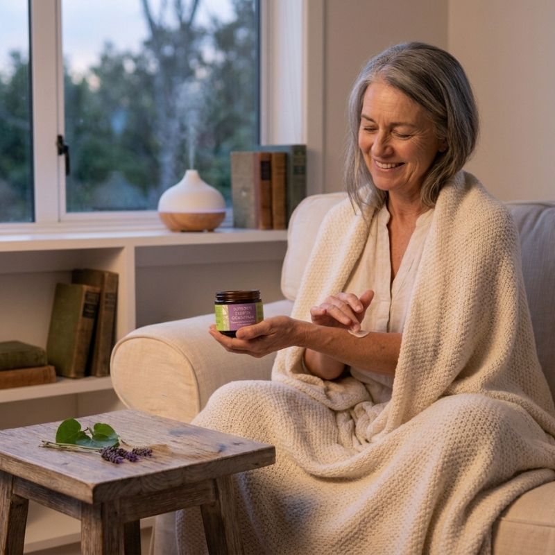 Woman using the Magnesium Kawakawa and Lavender Body Cream