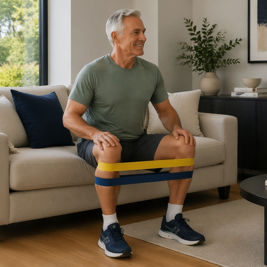 Man exercising with resistance bands in a living room 