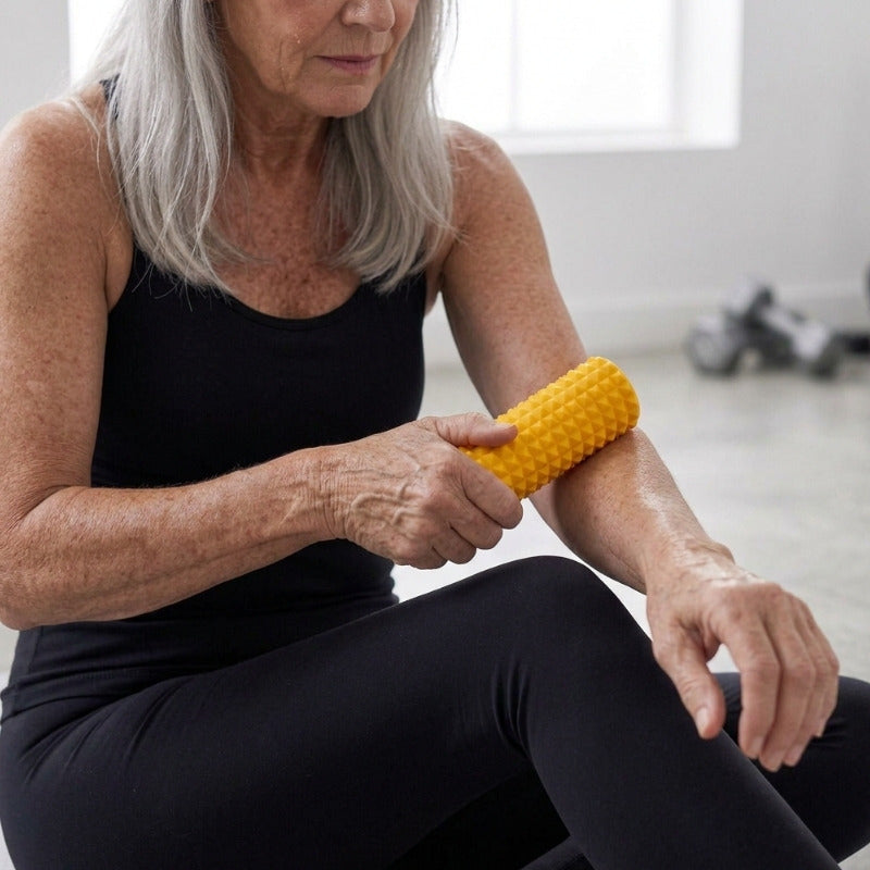 Woman using massage roller on her arm for tight muscles