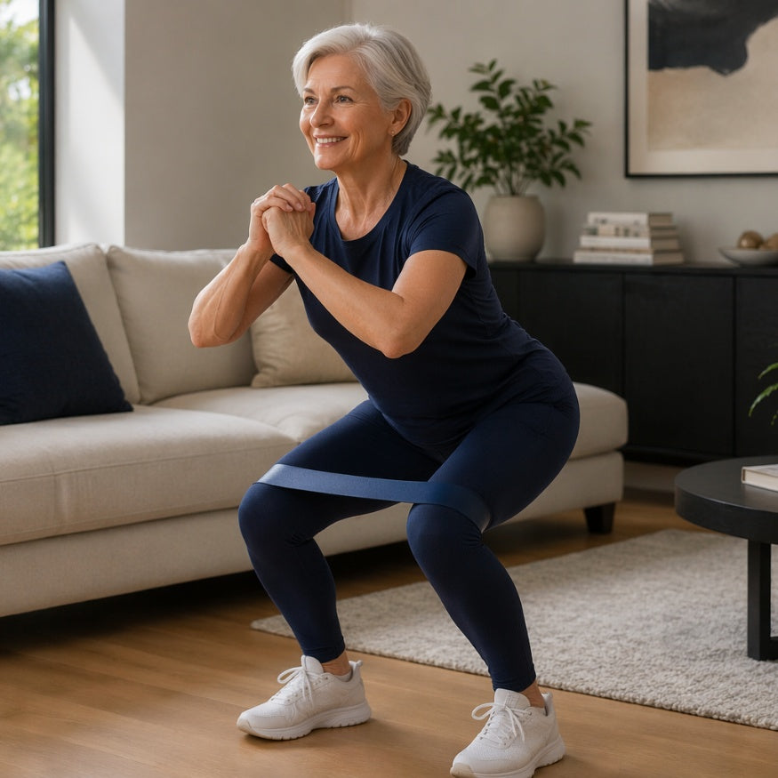 Woman squatting using resistance bands for joint support