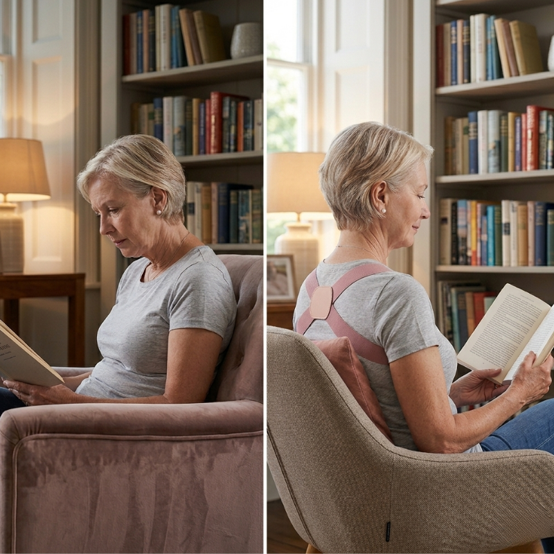 Showing the comparison of slouching when reading compared to using posture corrector