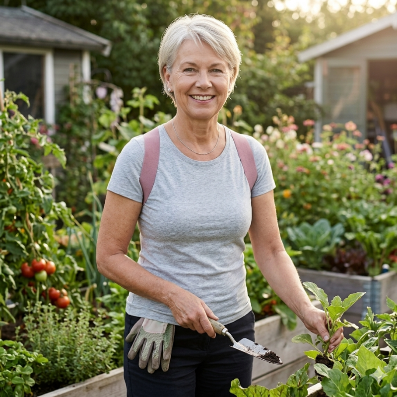 Woman gardening using the posture corrector 