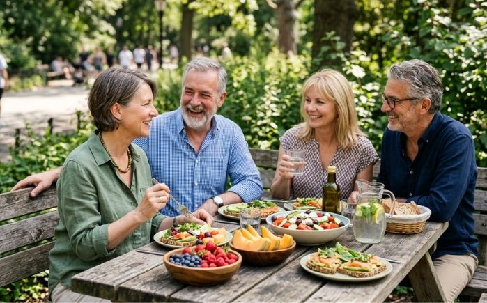 Friends having a picnic with fruit and healthy food for a healthy gut microbiome