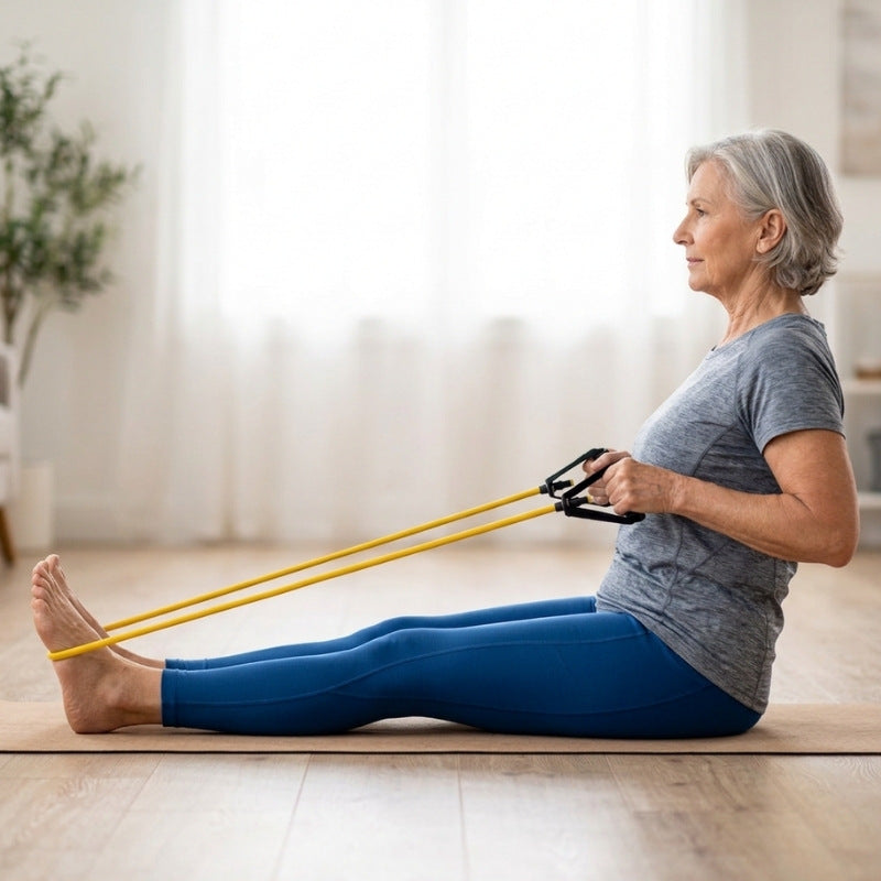Older woman doing the seated row exercise with light strength tube with handles