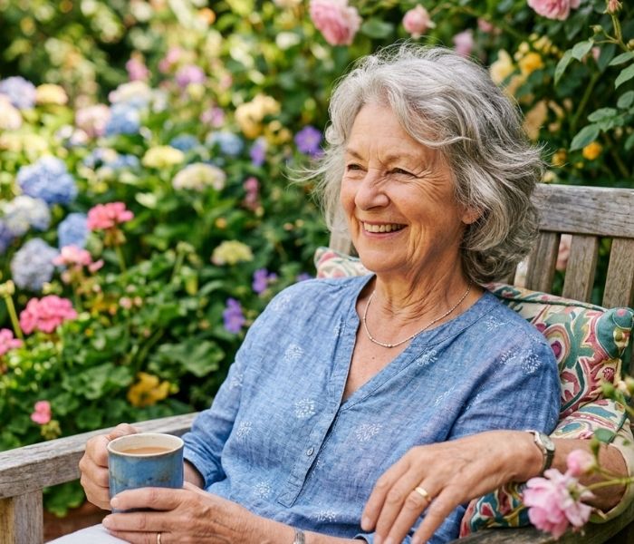 A relaxed woman sitting in a garden, drinking from a cup.
