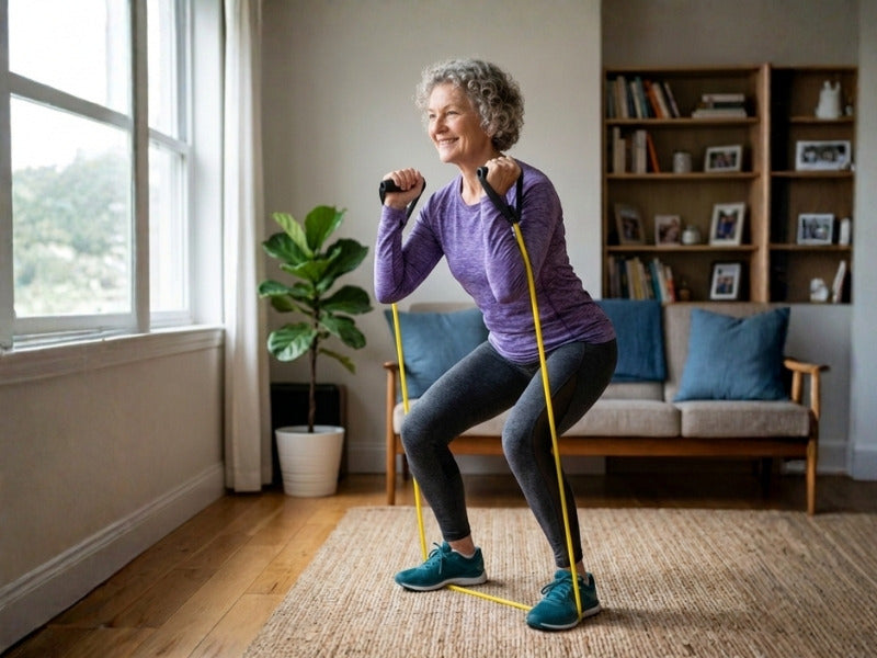 Older woman doing the squat exercise using the Light Strength Tube with Handles