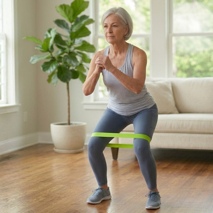 Woman doing a standing squat with resistant band