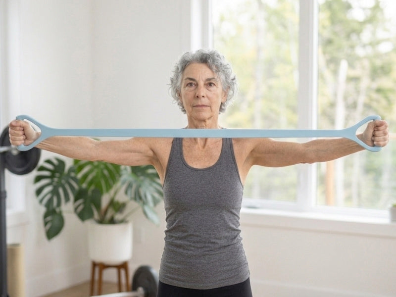 Static hold pull apart exercise with resistance band with handles 