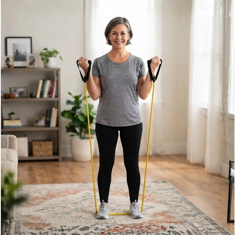 Woman using strength tube band for bicep curls