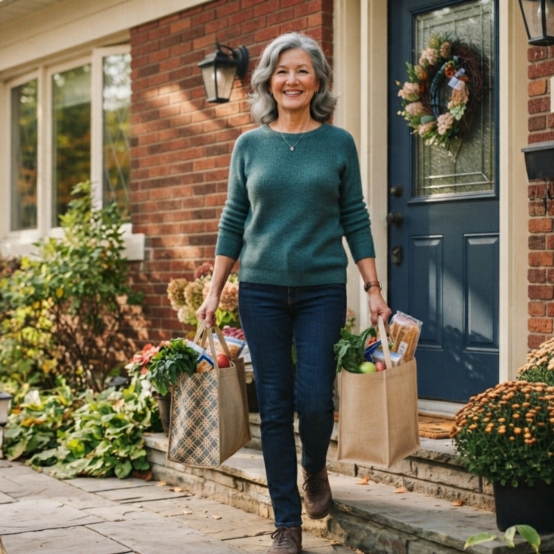 A capable senior woman stands on the porch steps, smiling brightly while holding two heavy, packed grocery bags.