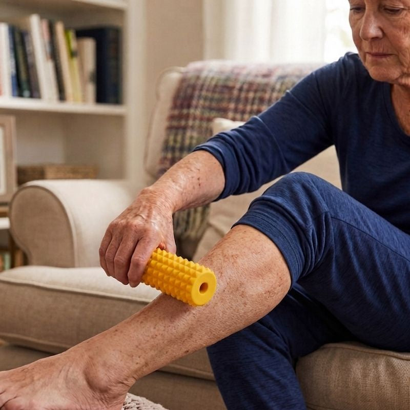 Elder woman using the massage roller to roll out tight shins