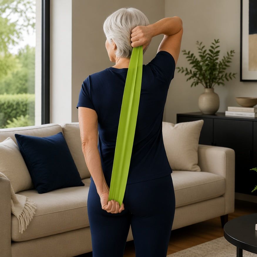 Woman stretching resistance bands behind back for muscle support