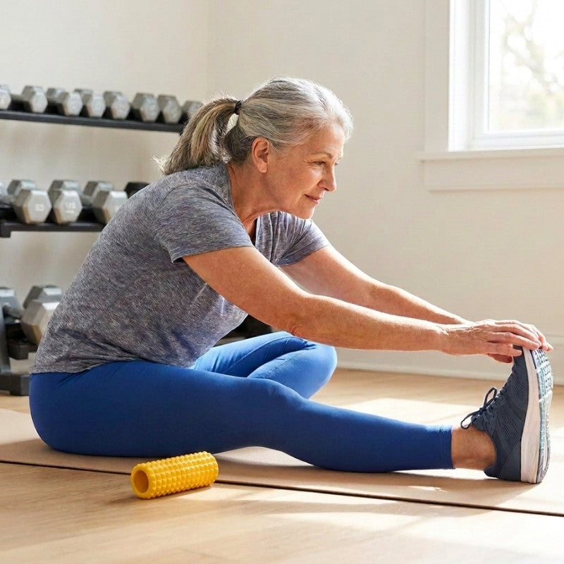 Woman stretching after using the massage roller for tight muscles